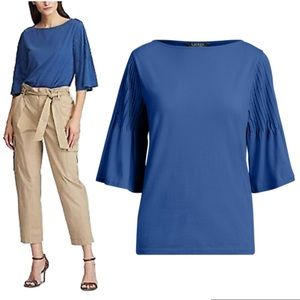 Lauren Ralph Lauren Caylen Pintuck Knit Blouse Blue Size L